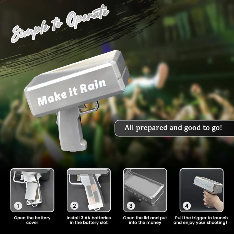 RADSHSP Make It Rain Money Toy Gun Silver Automatic Money Gun Prop Party Shooter Gun for Weddings Birthdays Christmas New Year Night Club Fun Party Surprise Gifts - Image 2